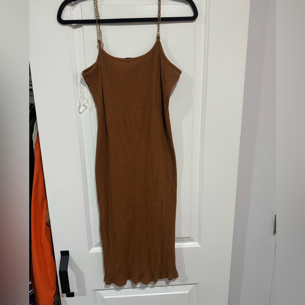 Derek Heart Ribbed Midi Dress – Brown Chain Strap Bodycon, Size Large